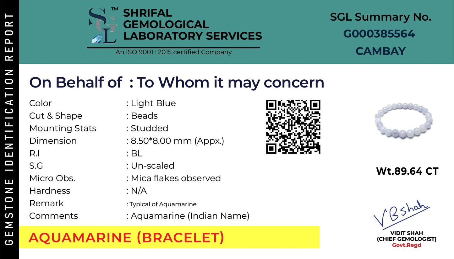 This is authentication certificate for Aquamarine Stone bracelet