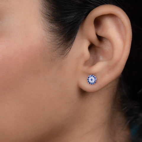 Silver Blue Evil Eye Sparkle Stud Earrings