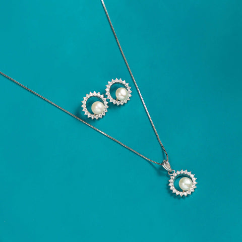 Silver Circle Pearl Necklace Set