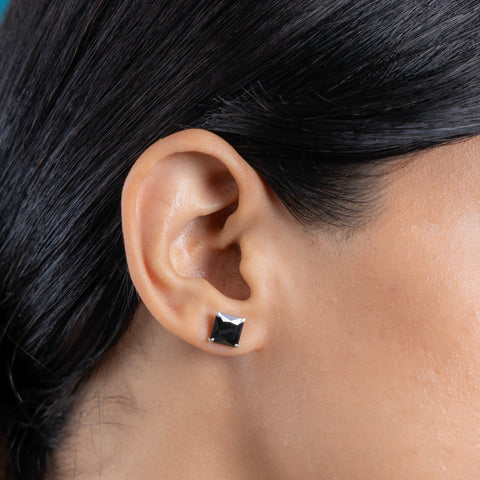 Silver Ebony Edge Square Black Stud Earrings