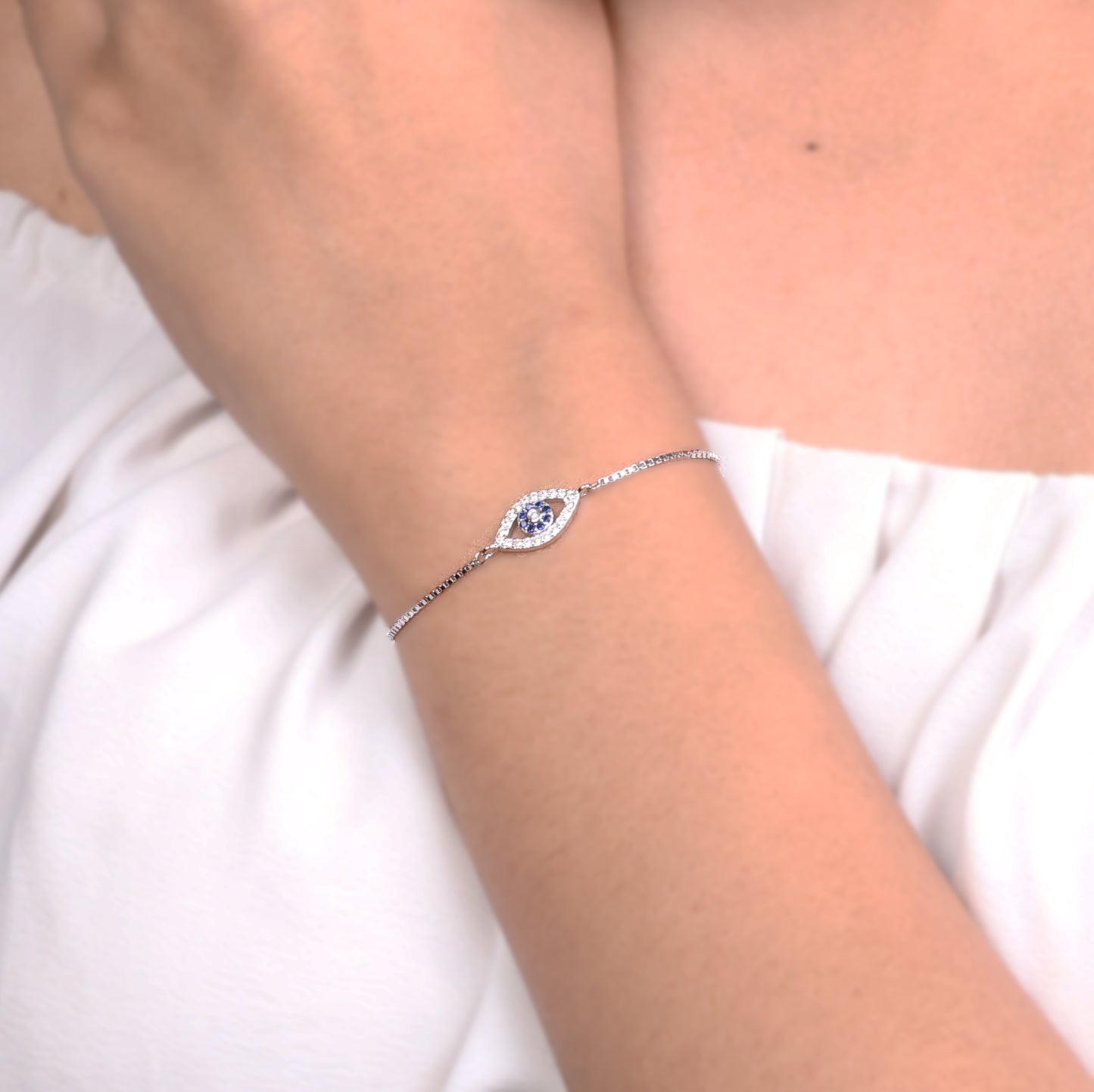 Delicate Evil Eye Blue And White Diamond Silver Bracelet