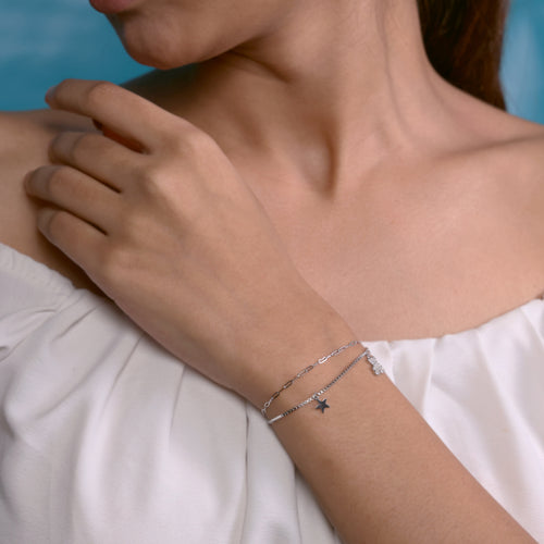 Two Layer Chain with Hanging Star Charm Silver Bracelet