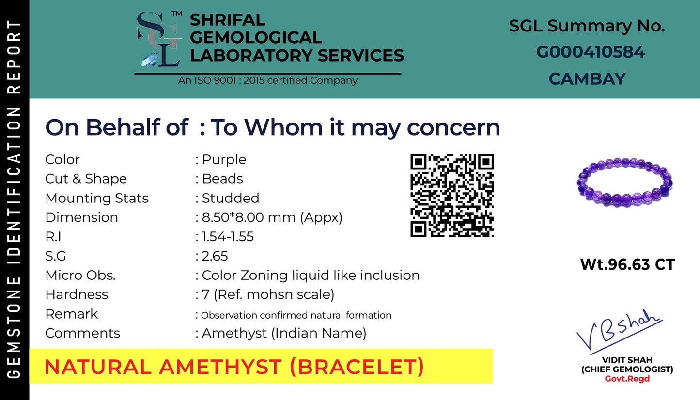 This is authentication certificate for Amethyst Stone bracelet