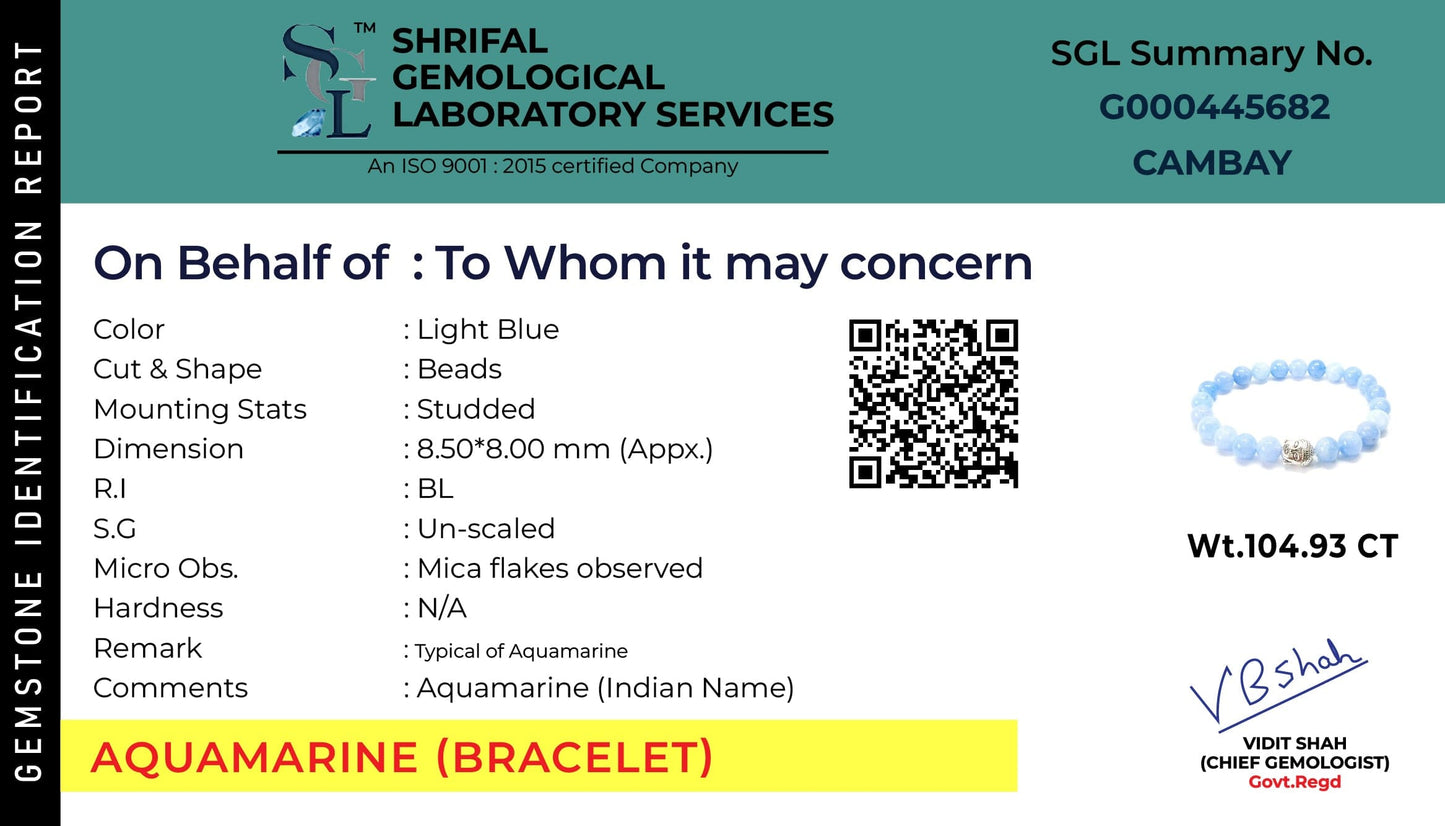 This is authentication certificate for Aquamarine buddha stone bracelet