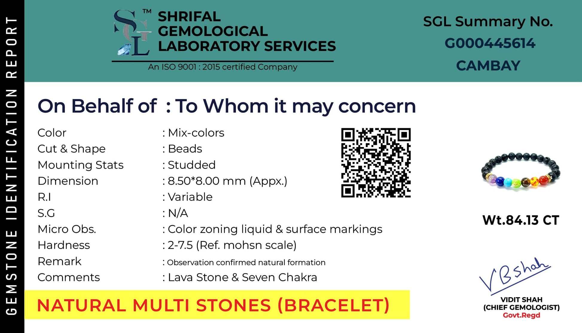 This is authentication certificate for black obsidian 7 chakra bracelet.