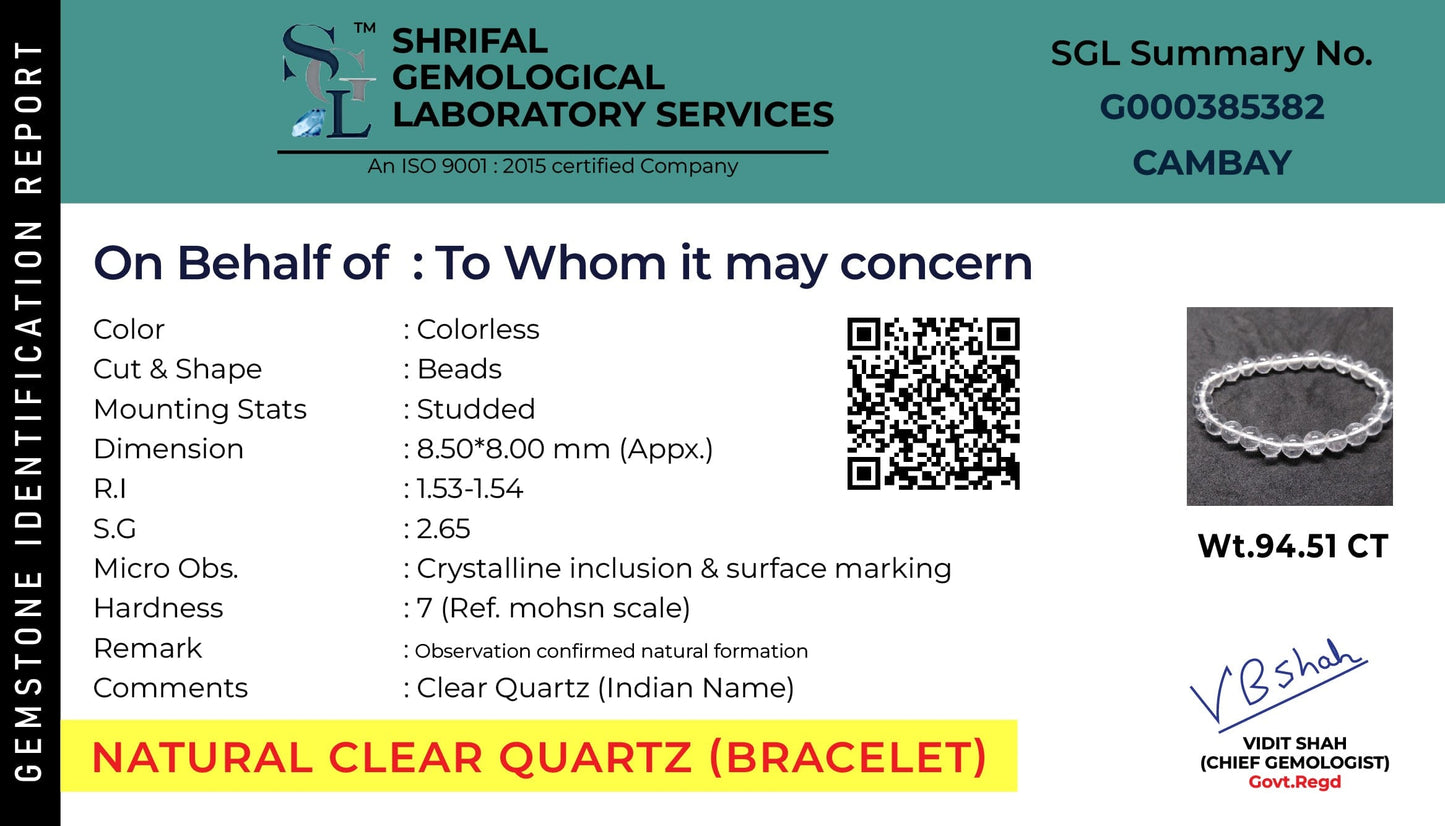 This is authentication certificate for Clear Quartz Stone bracelet