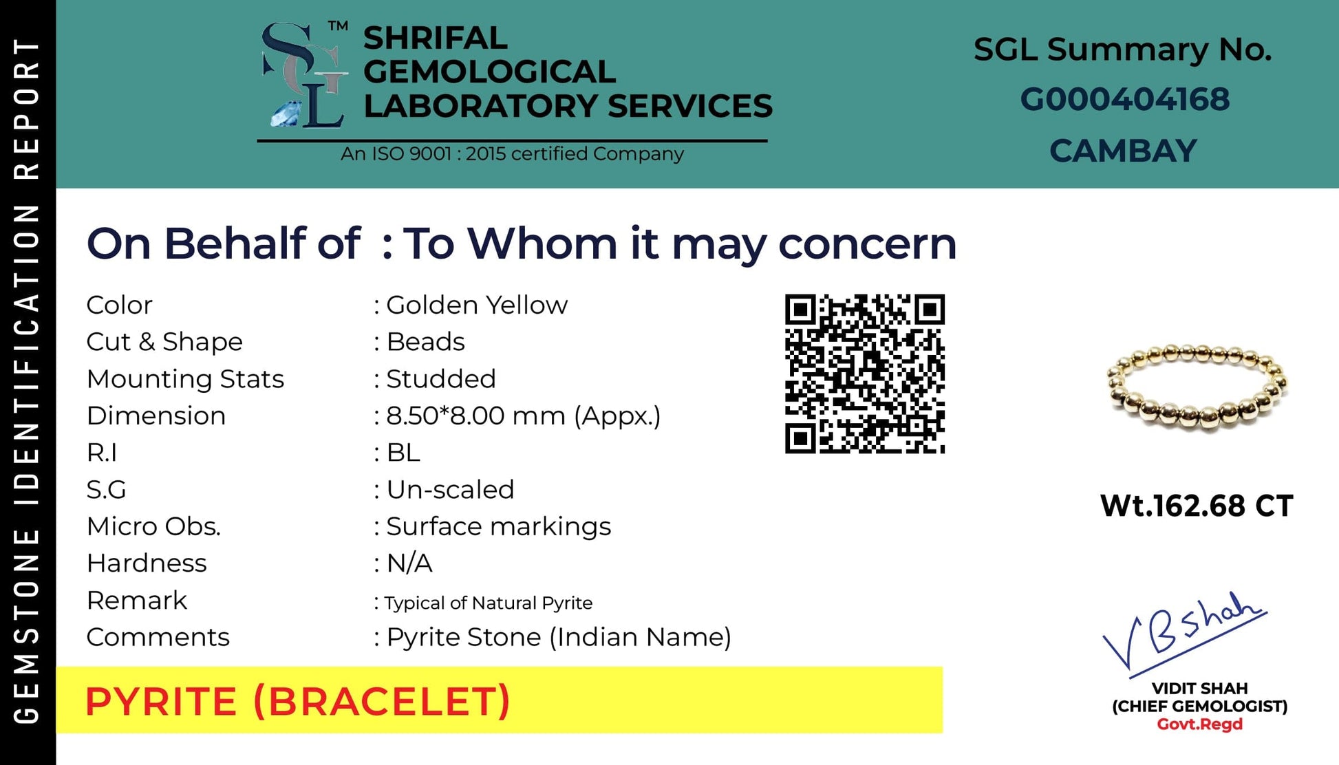 This is authentication certificate for Pyrite bracelet