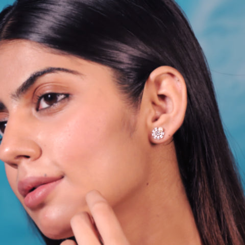 Silver Halo Square Stud Earrings