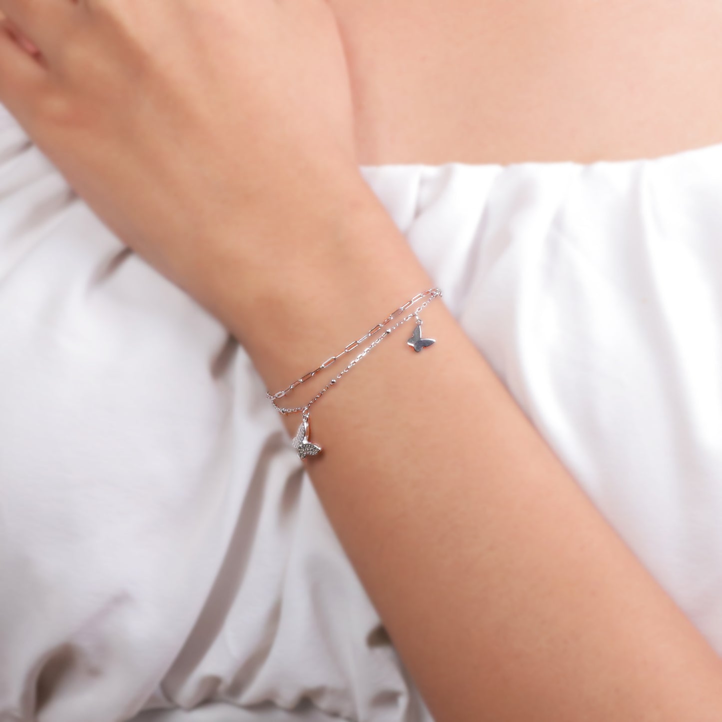 Multi Layer Butterfly Charm Silver Bracelet