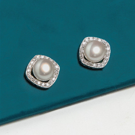 Elegant sparkle silver pearl earring pair