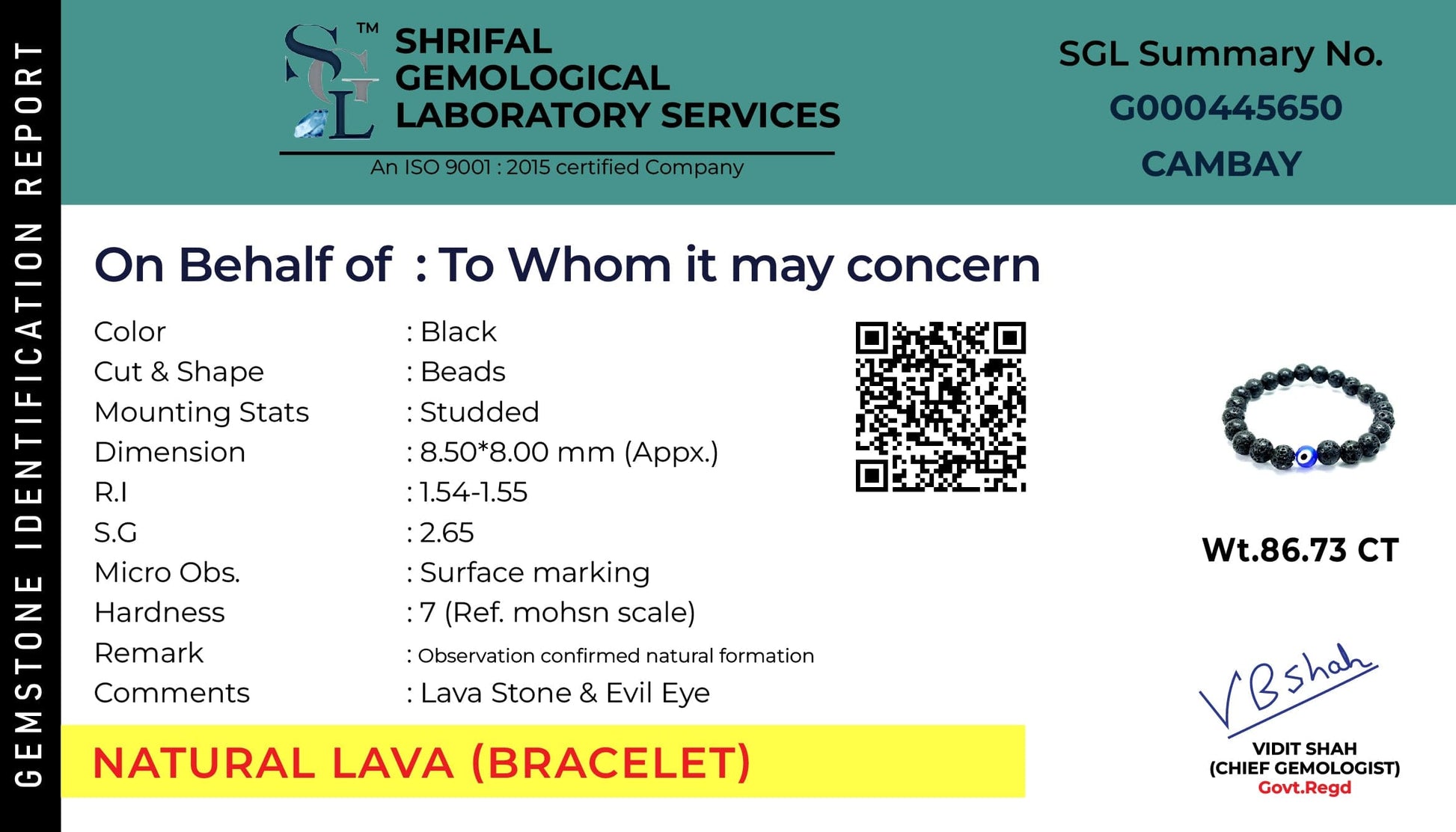 This is authentication certificate for lava with evil eye Stone bracelet
