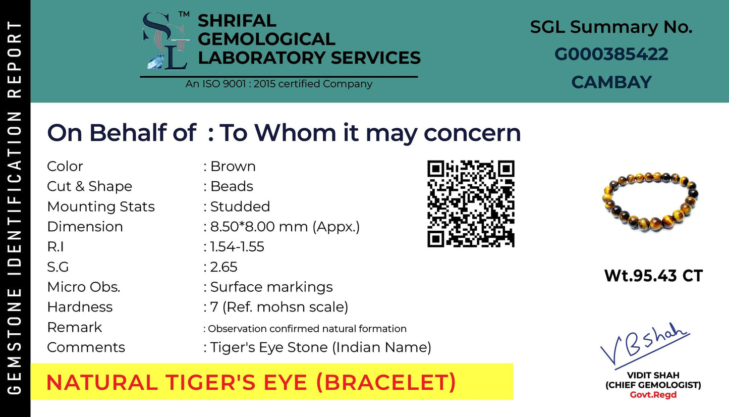  Tiger eye stone bracelet authentication certificate. 