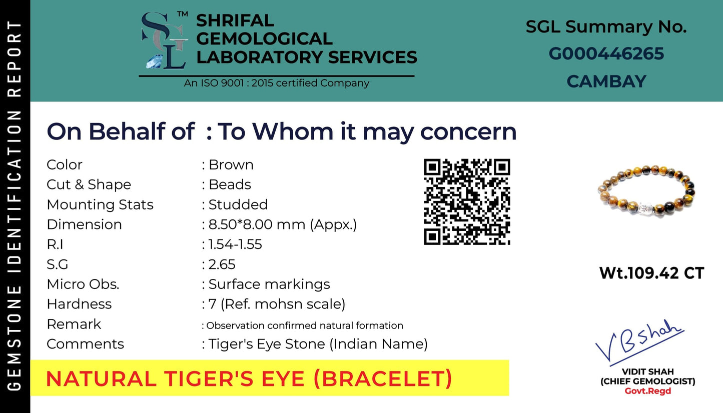 This is authentication certificate for Tiger Eye With Buddha bracelet